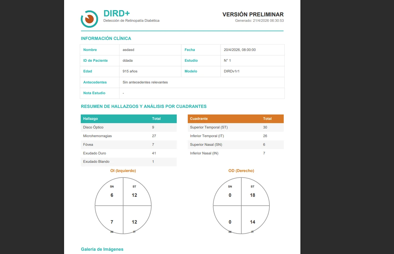 Informe clínico PDF generado por DIRD+